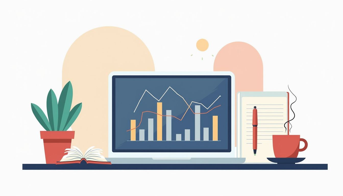 Flat vector illustration of a modern office desk with minimalist elements.