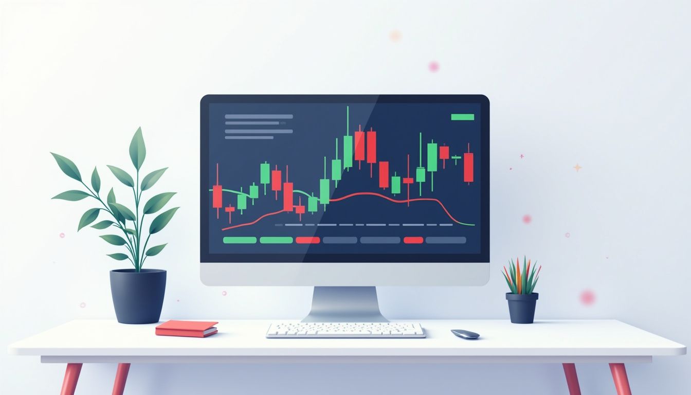 Minimalist desktop setup with a vibrant trading interface illustration.