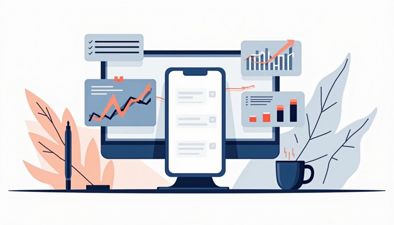 Minimalist vector of a smartphone on a sleek trading desk. Minimalist vector of a smartphone on a sleek trading desk.