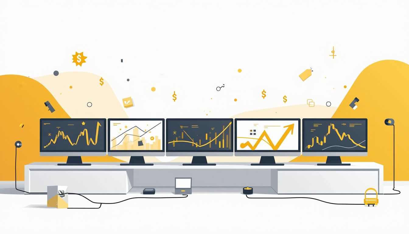 Minimalist trading room with flat monitors displaying gold price graphics.