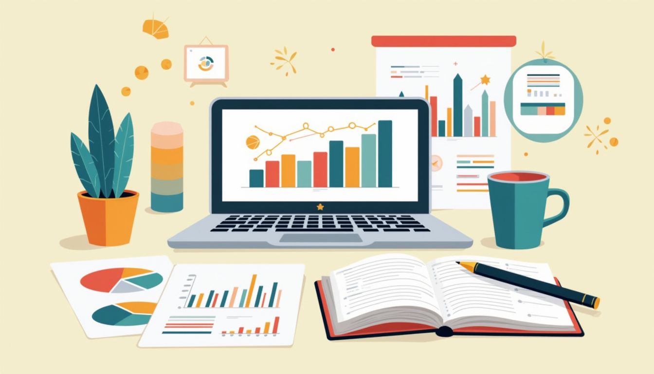 Minimalist desk workspace illustration with vibrant geometric icons and graphs.