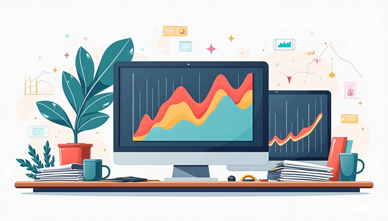 Minimalist vector illustration of a cluttered finance desk with computer screens. Minimalist vector illustration of a cluttered finance desk with computer screens.