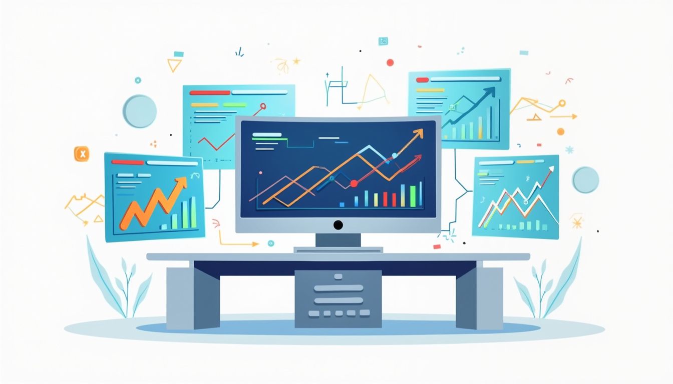 Minimalist illustration of an AI system analysing trading signals at a workstation. Minimalist illustration of an AI system analysing trading signals at a workstation.