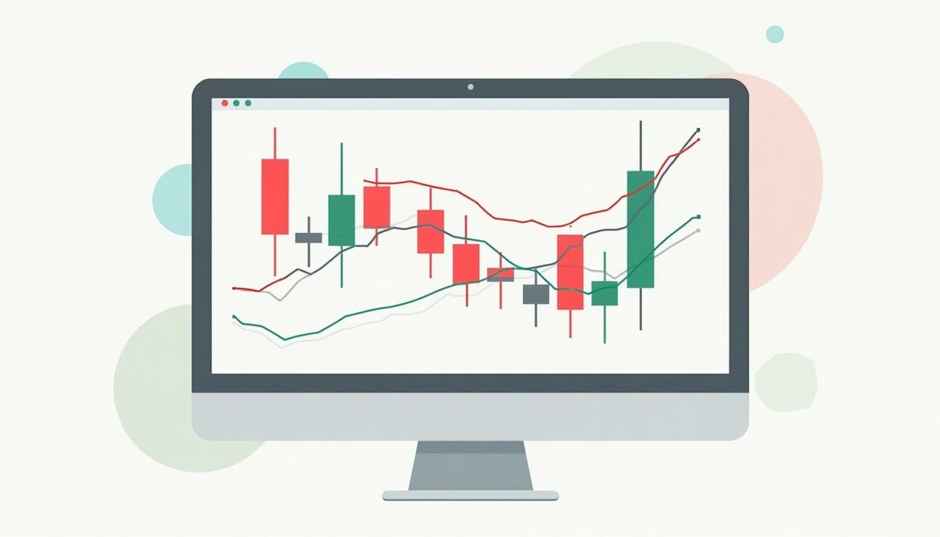 Flat vector illustration of a financial candlestick chart with RSI and Bollinger Bands.