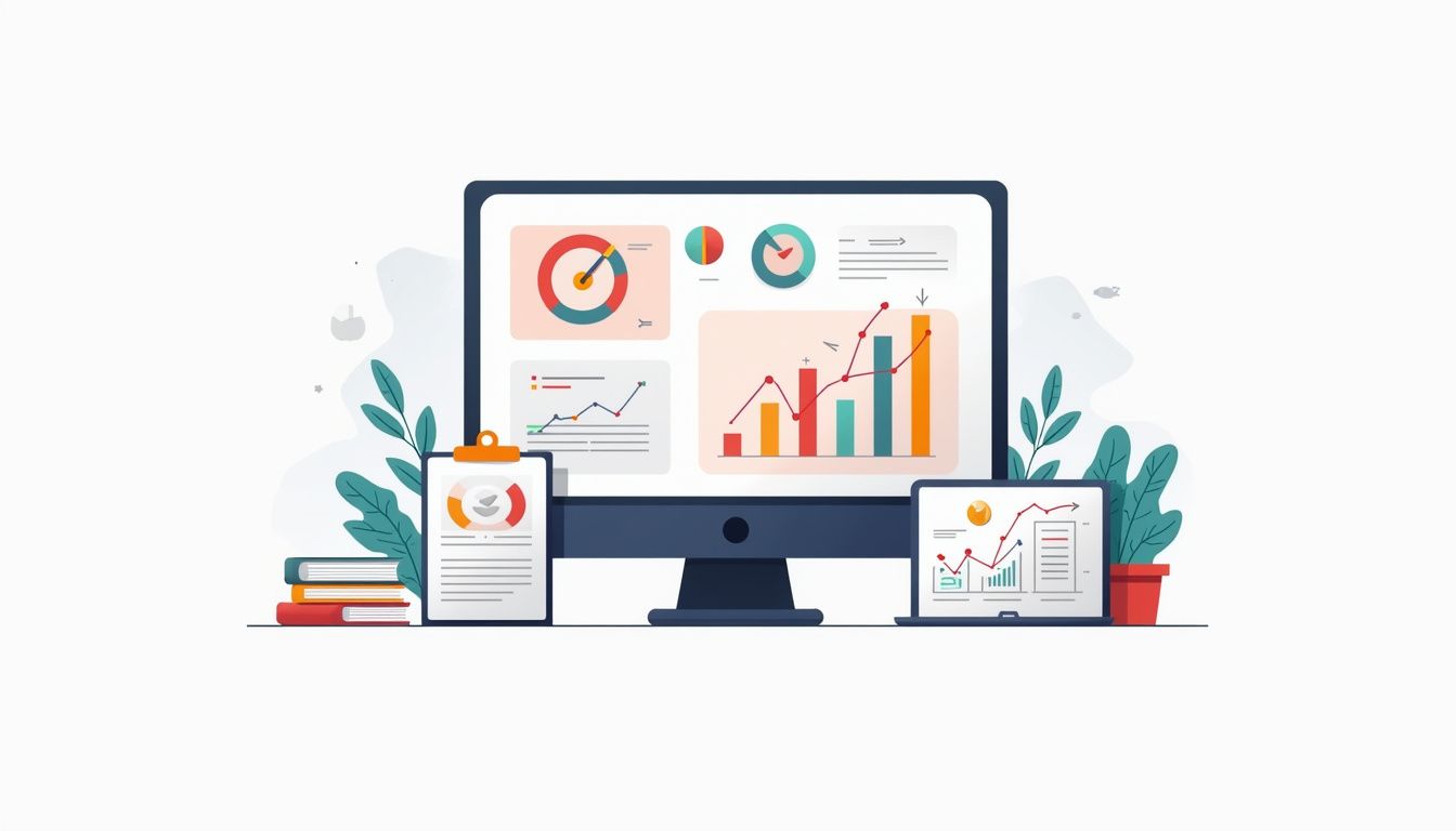 Minimalist trading dashboard illustration with analytical tools in flat design.