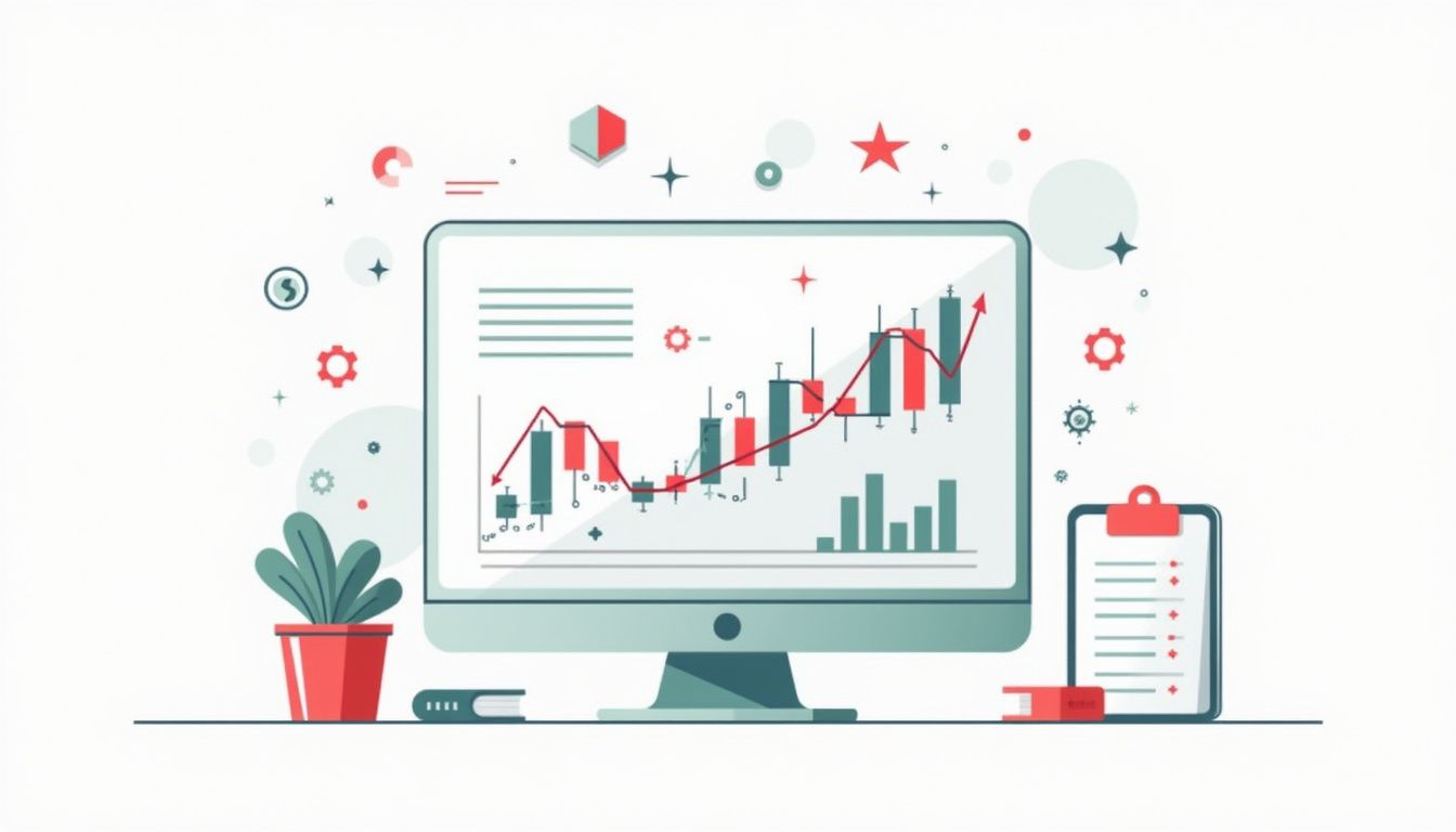 Modern computer monitor displaying trading charts, surrounded by minimal tech icons. Modern computer monitor displaying trading charts, surrounded by minimal tech icons.