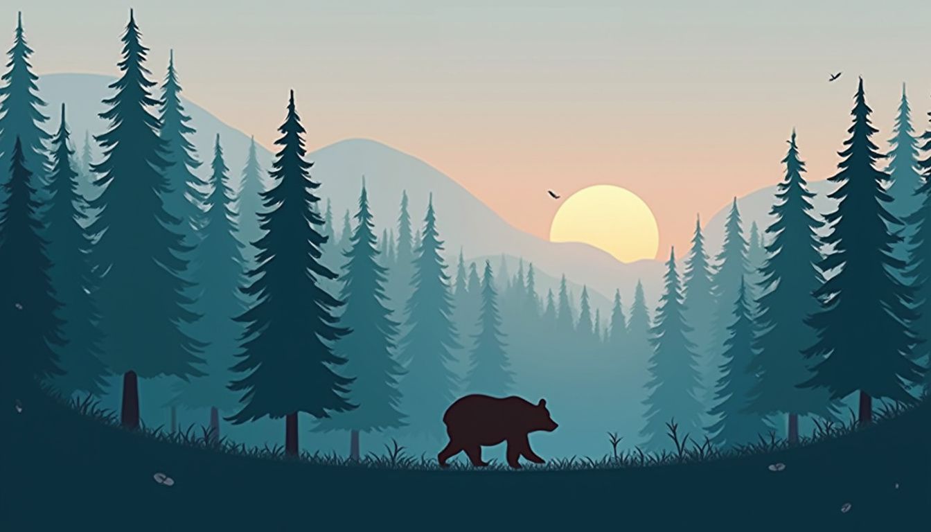 Minimalist bear silhouette in a geometric forest at dusk.