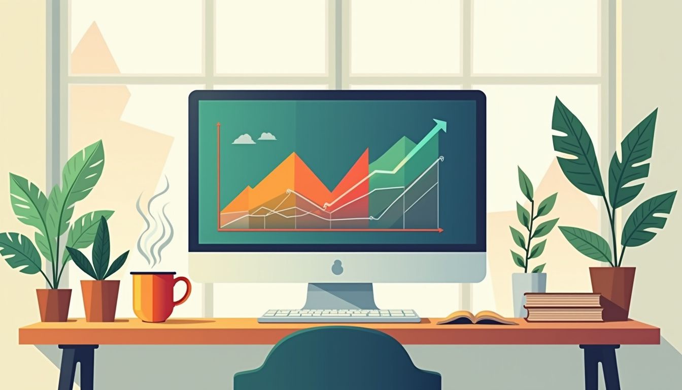 Minimalist vector illustration of a modern home office for forex trading.