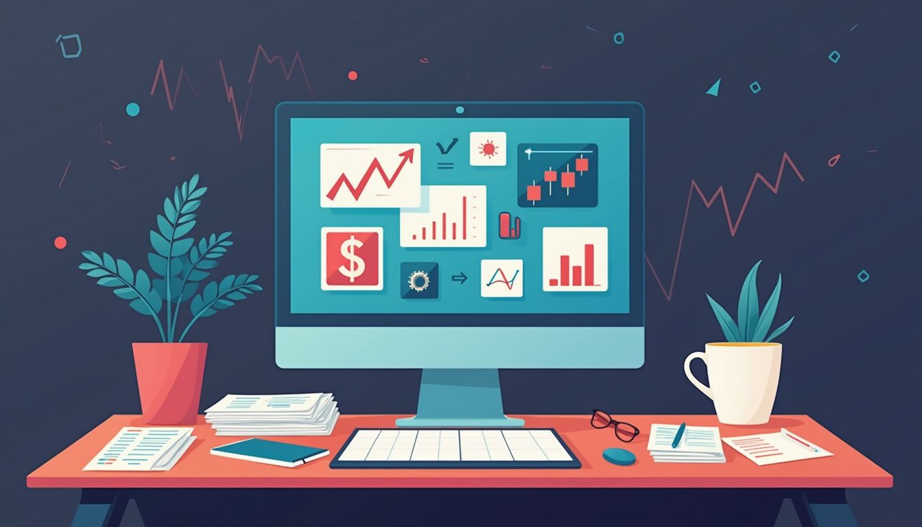 Flat vector illustration of a cluttered desk with a computer monitor.
