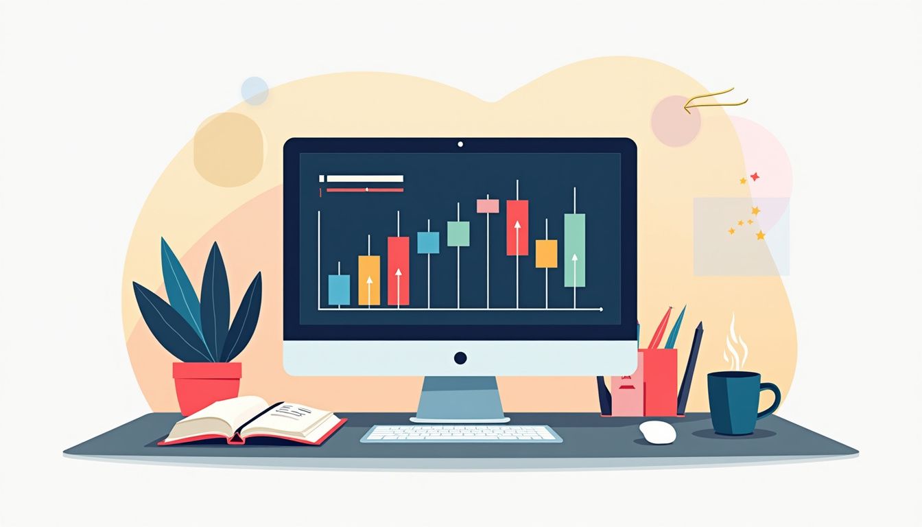 Minimalist flat vector illustration of a modern desk trading setup.