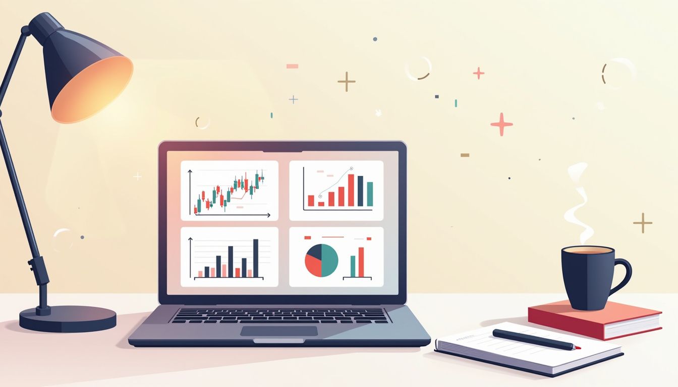 Flat illustration of a laptop, forex charts, and minimalist desk setup.