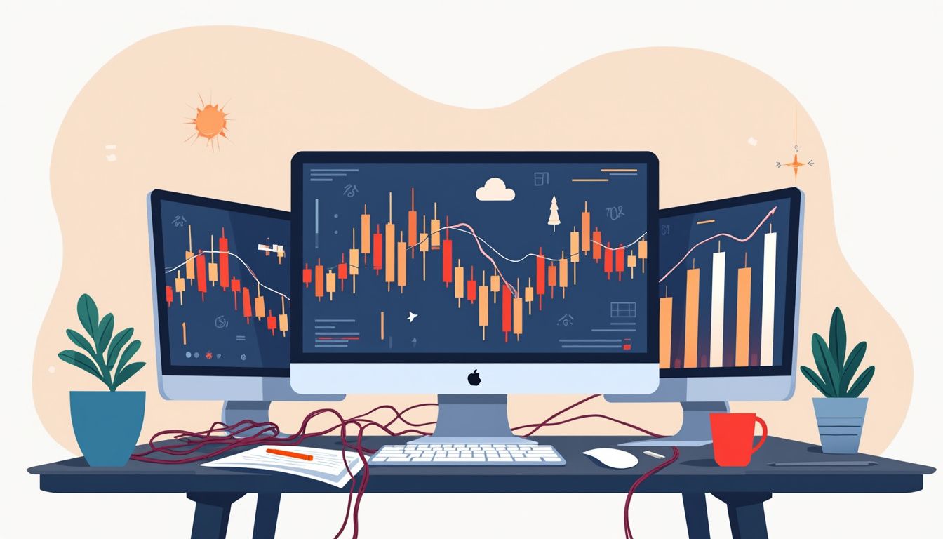 A cluttered trading desk with vibrant forex charts in a minimalist style.