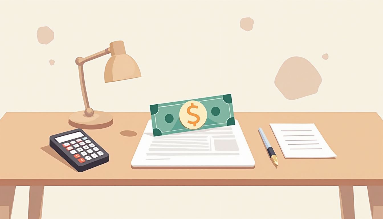 A flat vector illustration of currency notes, pen, and calculator on desk.