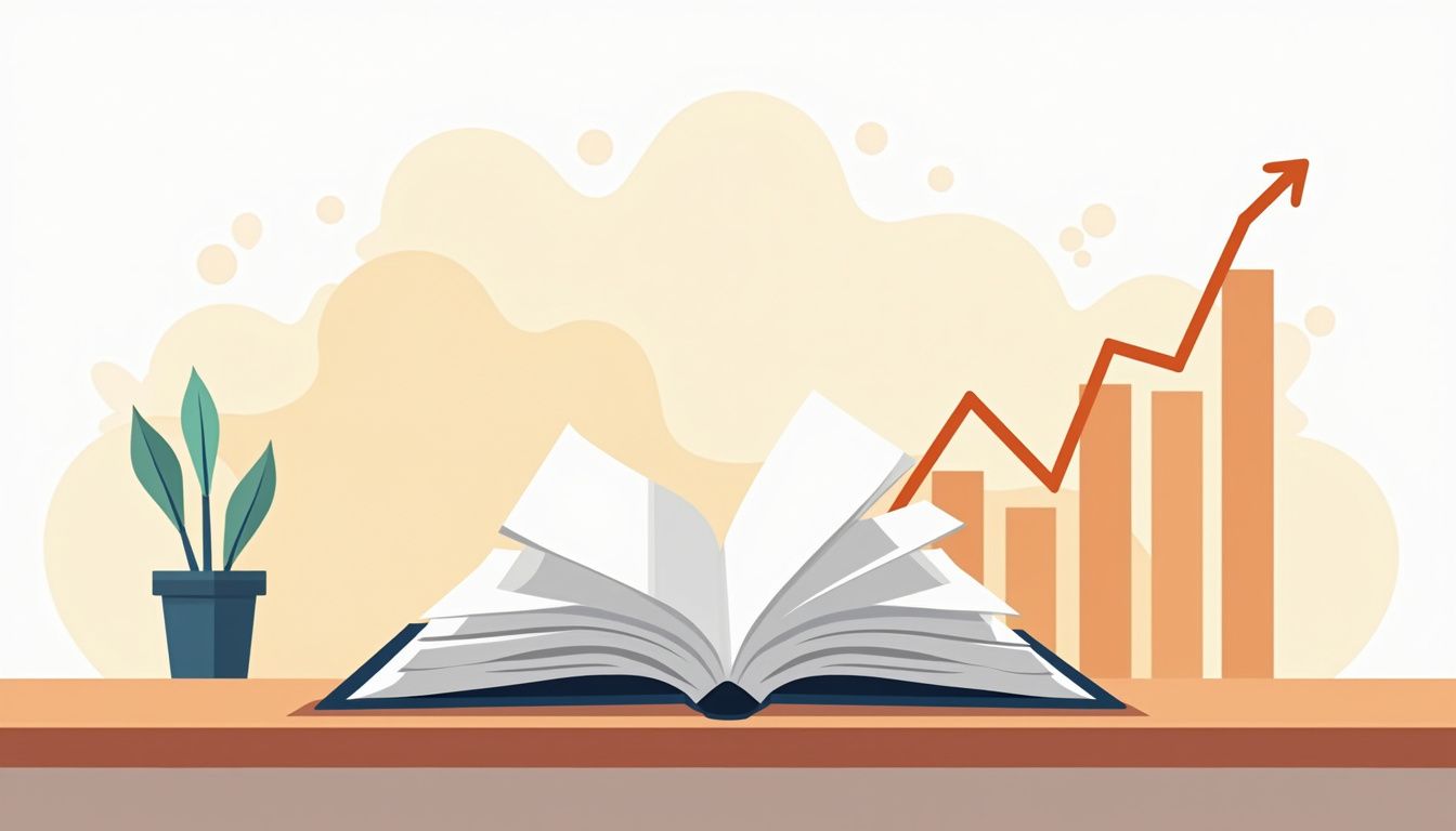 Flat illustration of an open forex trading textbook on a wooden desk.
