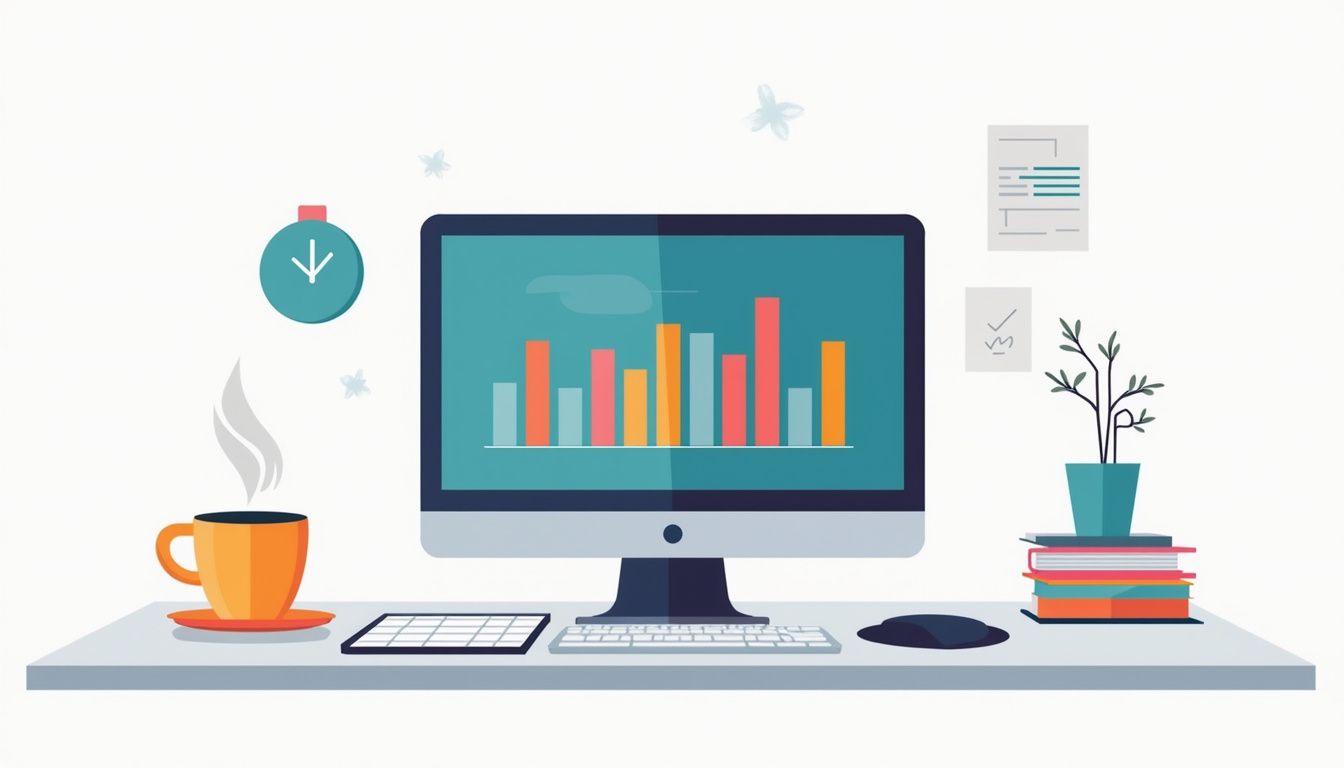 Minimalist vector illustration of an organised desk with trading elements.