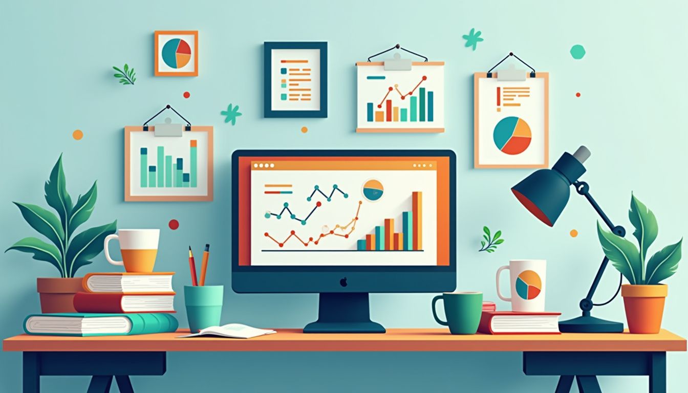 Flat vector illustration of a cluttered home office desk.