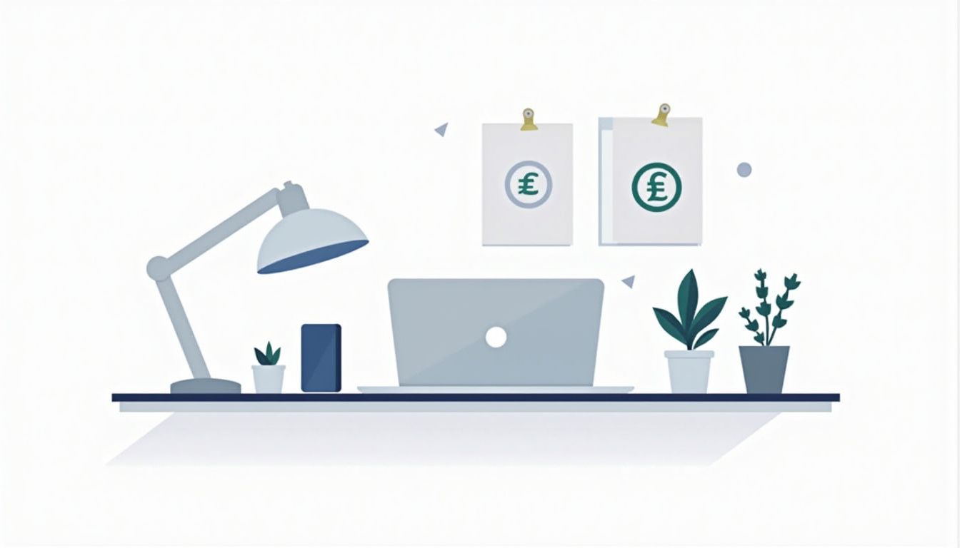 Modern minimalist home office with a clean workspace and geometric plants.