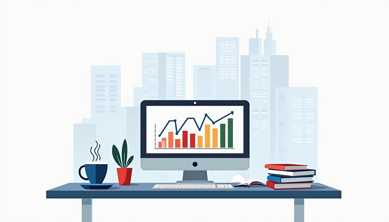 Minimalist office desk setup featuring vibrant trading charts and books.