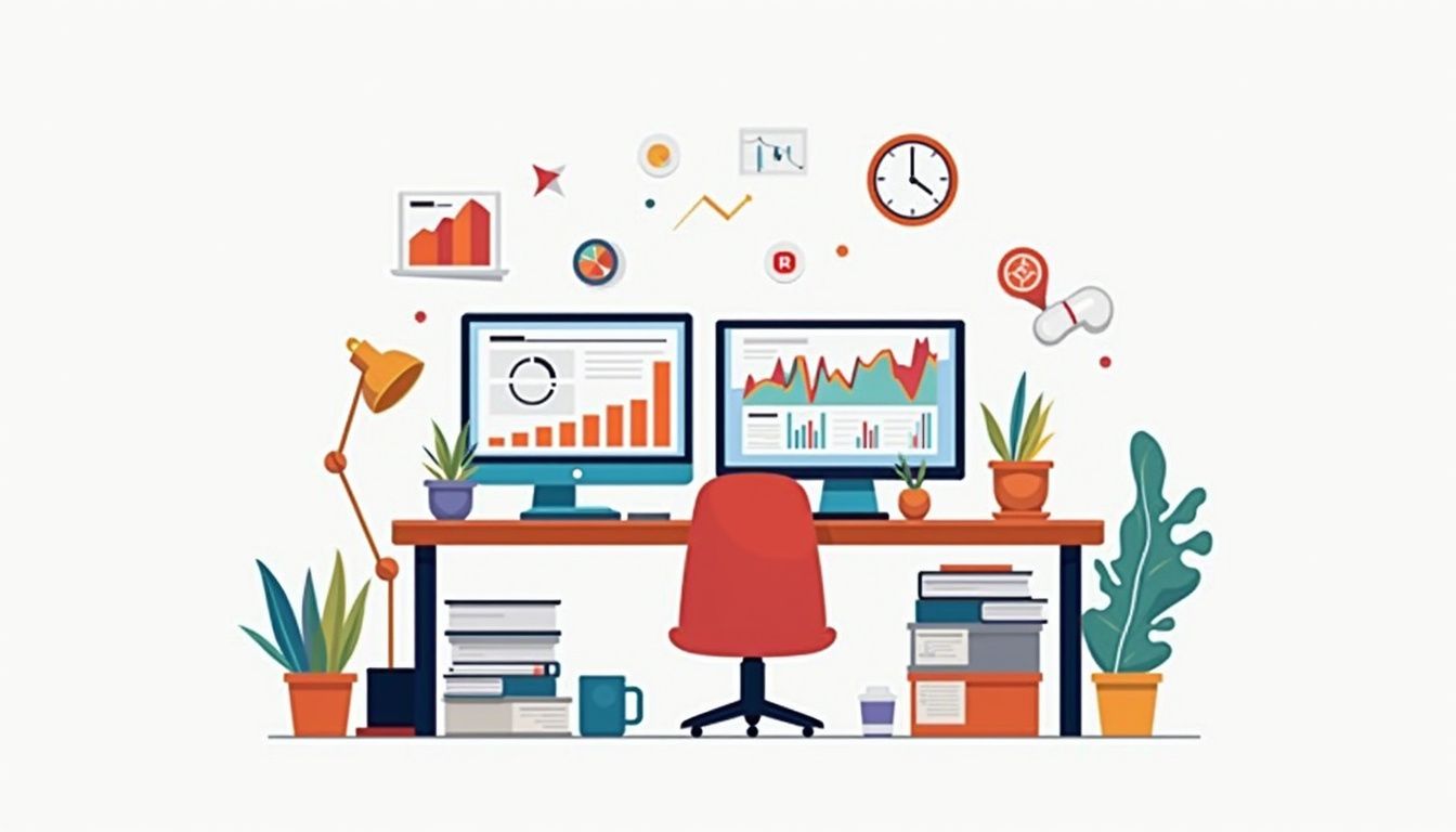 Flat vector illustration of a cluttered desk with computer screens and office items.