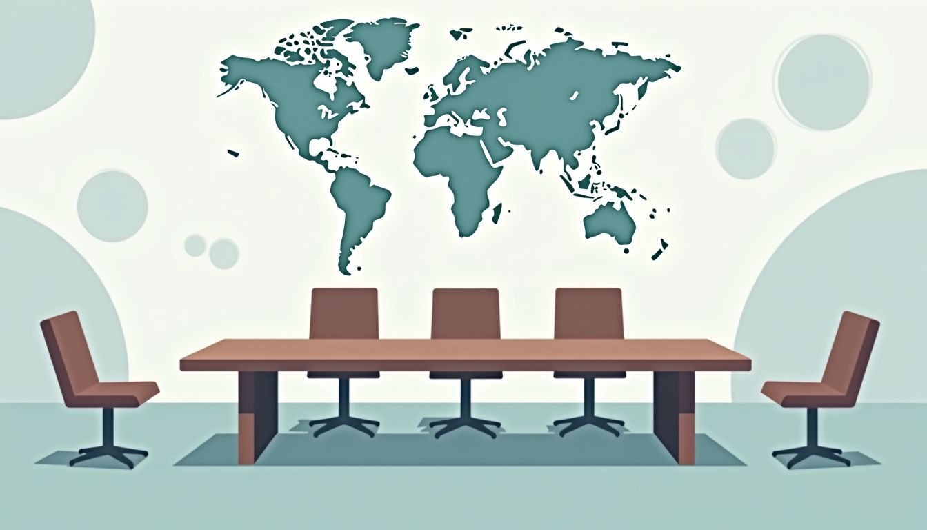 Minimalist boardroom illustration featuring a long table and world map.