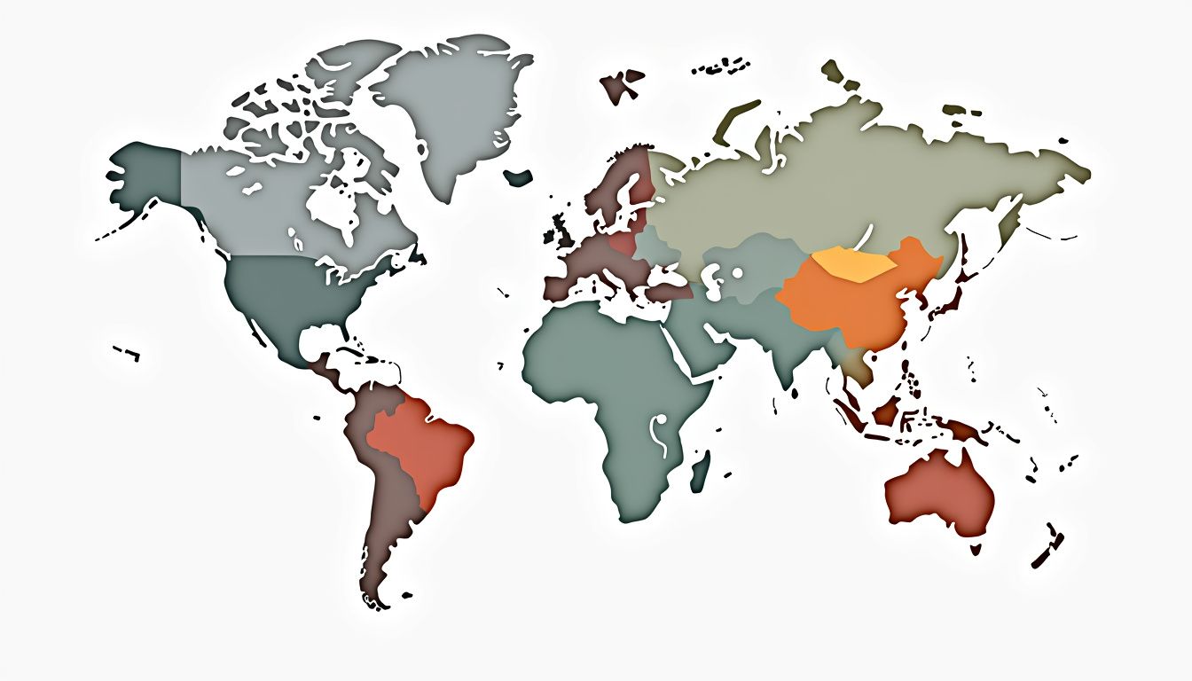 Minimalist flat illustration of a global map with currency symbols.