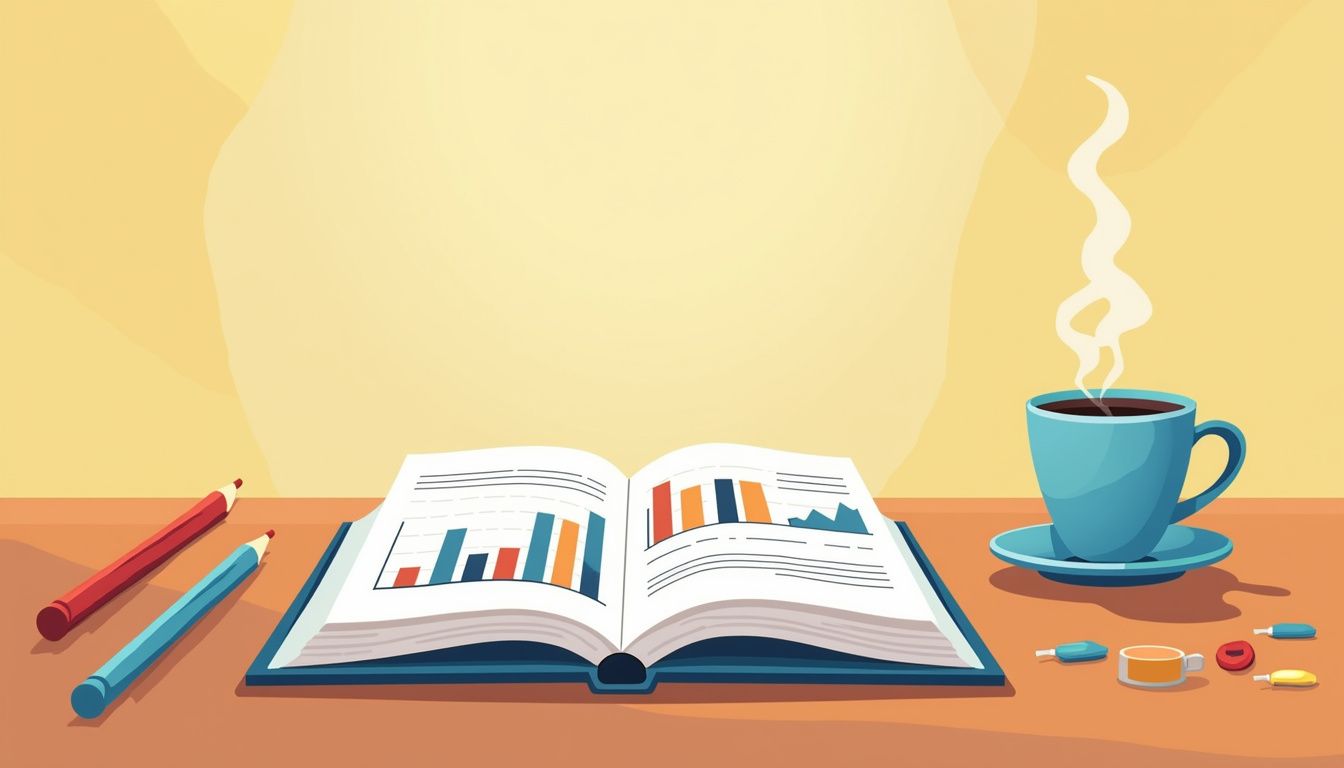 Flat vector illustration of a workspace with an open book and laptop.