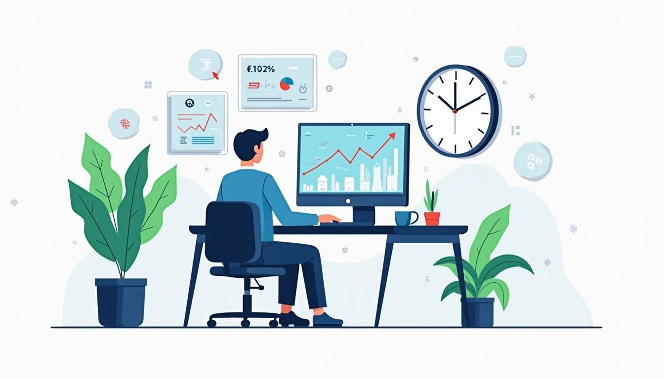 Minimalist Forex trading room illustration with clean lines and bold colours.