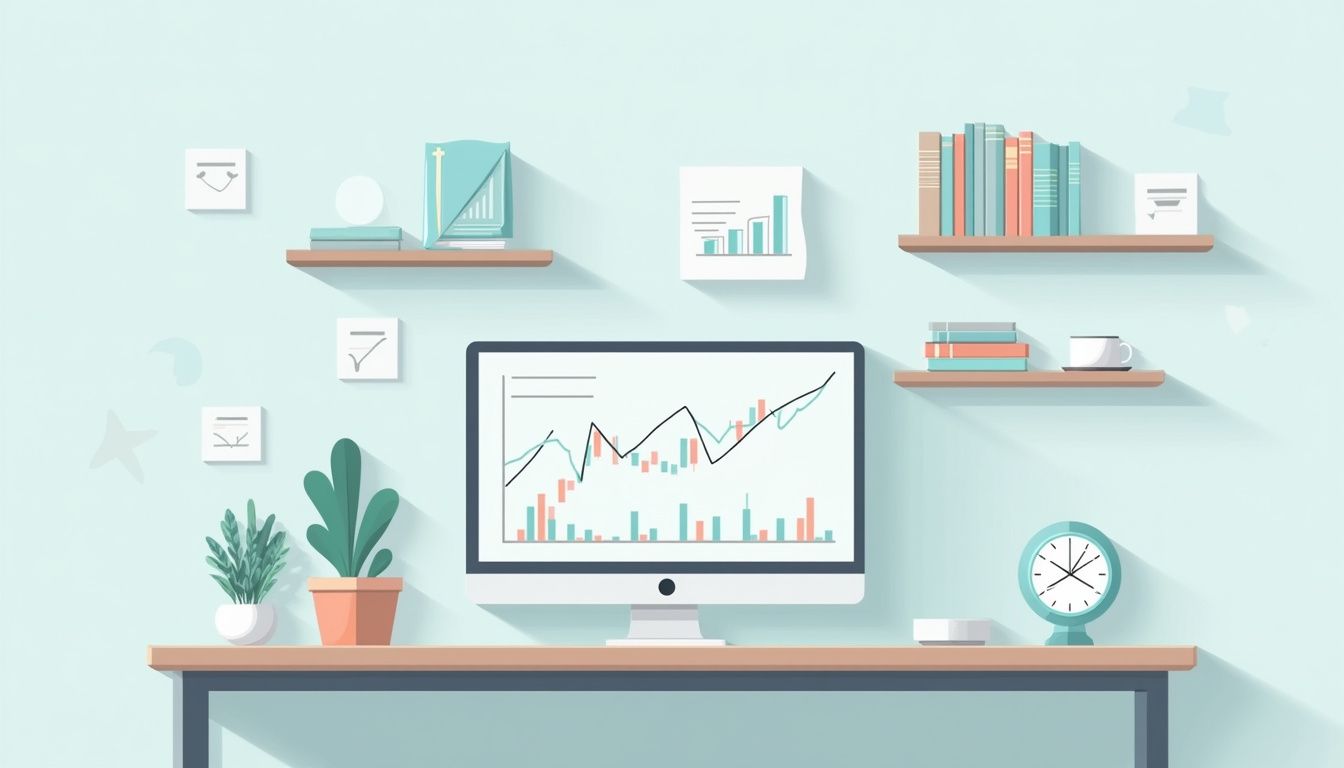 Minimalist workspace illustration focused on Forex trading with soft pastel colours.