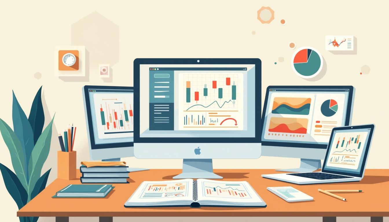 Minimalist trading workspace with monitors, laptop, and financial papers.