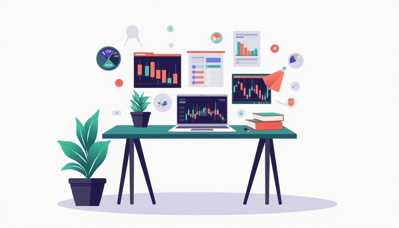 Minimalist vector illustration of a modern office desk setup with Forex charts. Minimalist vector illustration of a modern office desk setup with Forex charts.
