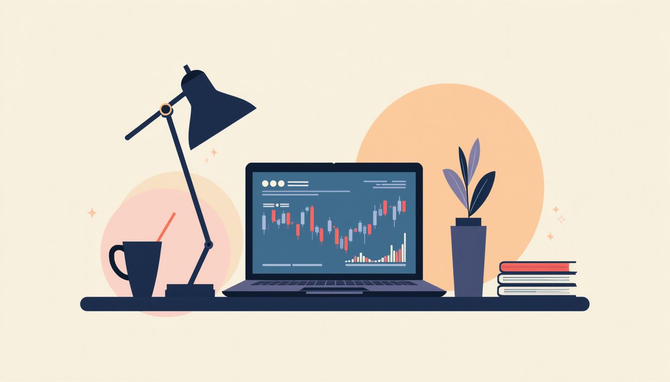 Flat vector illustration of a laptop with forex trading interface on a desk.