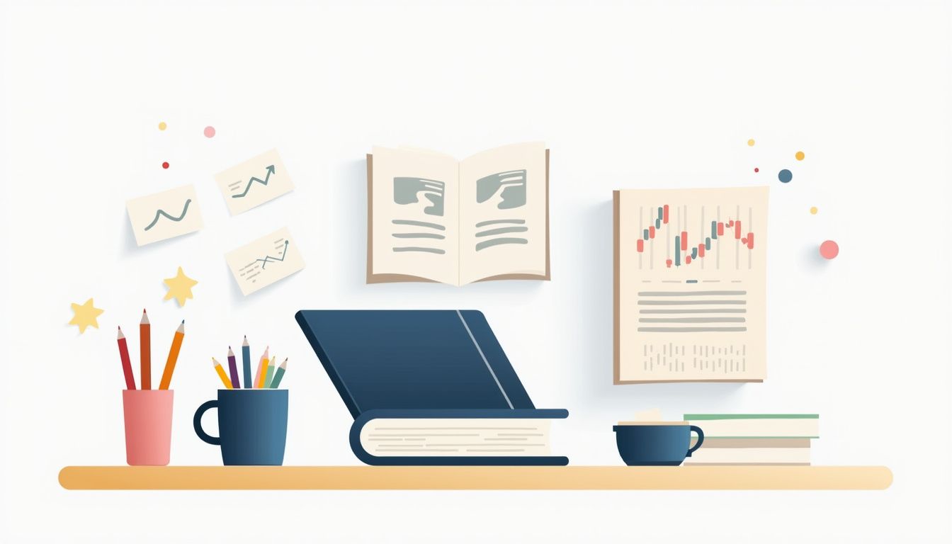 Minimalist home office desk scene with a forex book and stationery.