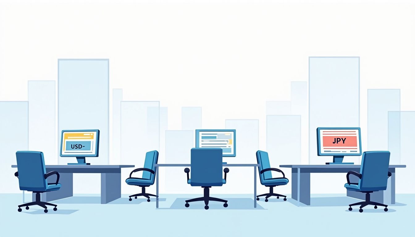 Minimalist empty trading floor with desks, chairs, and currency screens.