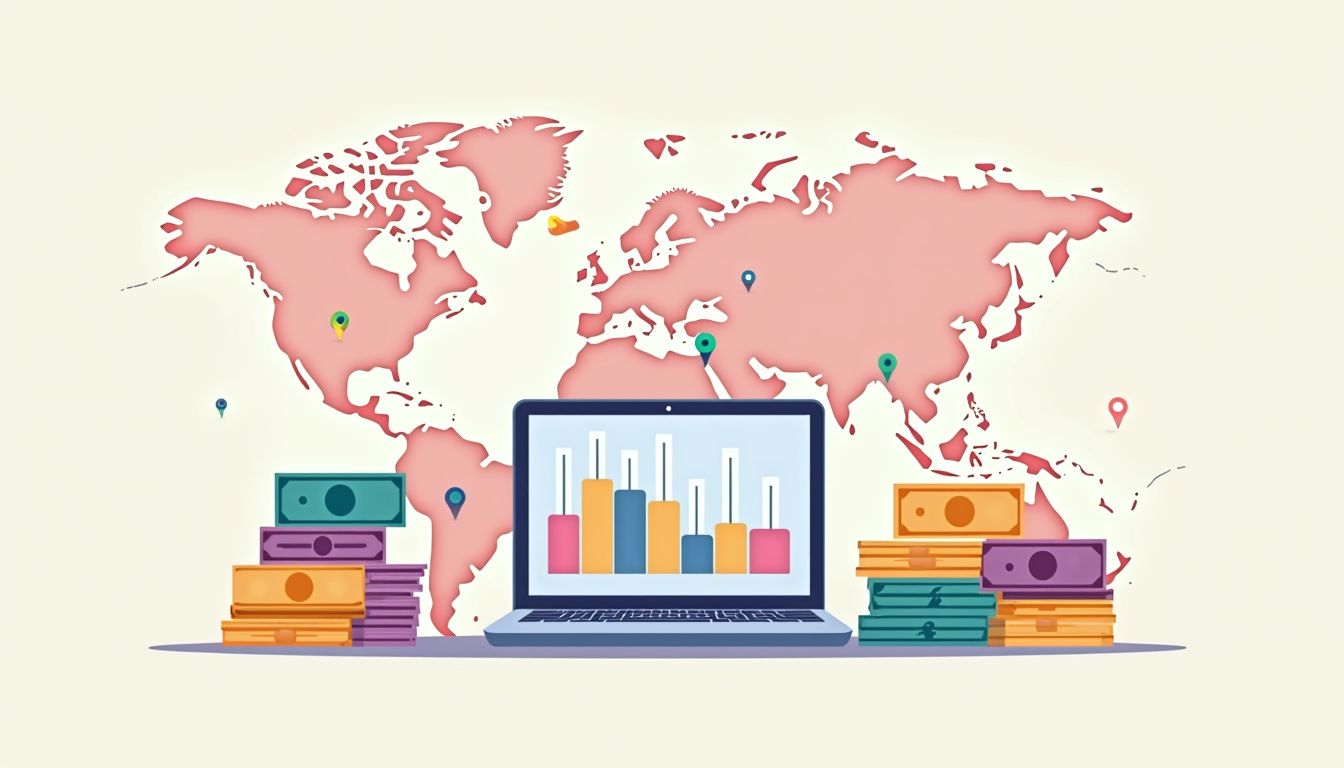 Minimalist flat illustration of a forex trading desk with currency notes.