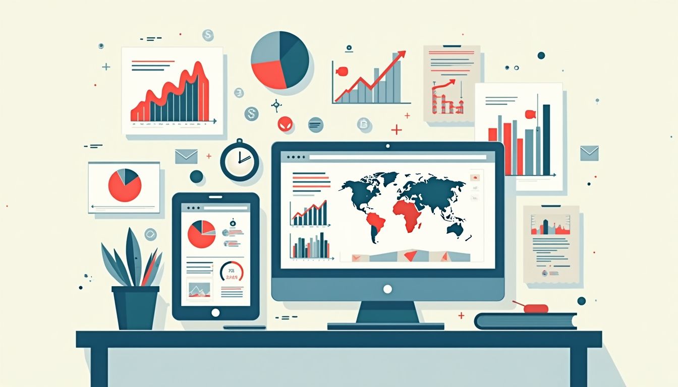 Minimalist desk scene with vibrant economic charts and stationery elements.