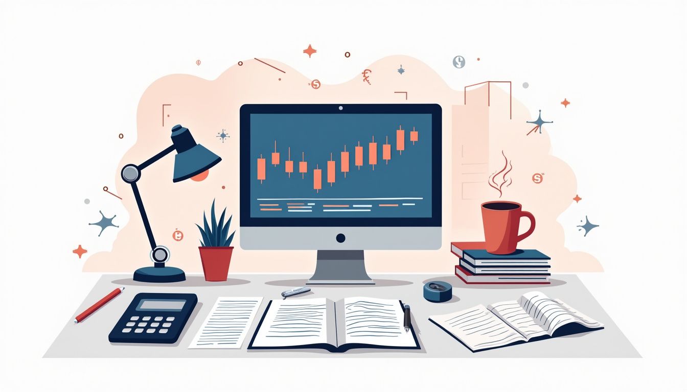 Flat vector illustration of a cluttered desk with financial tools.