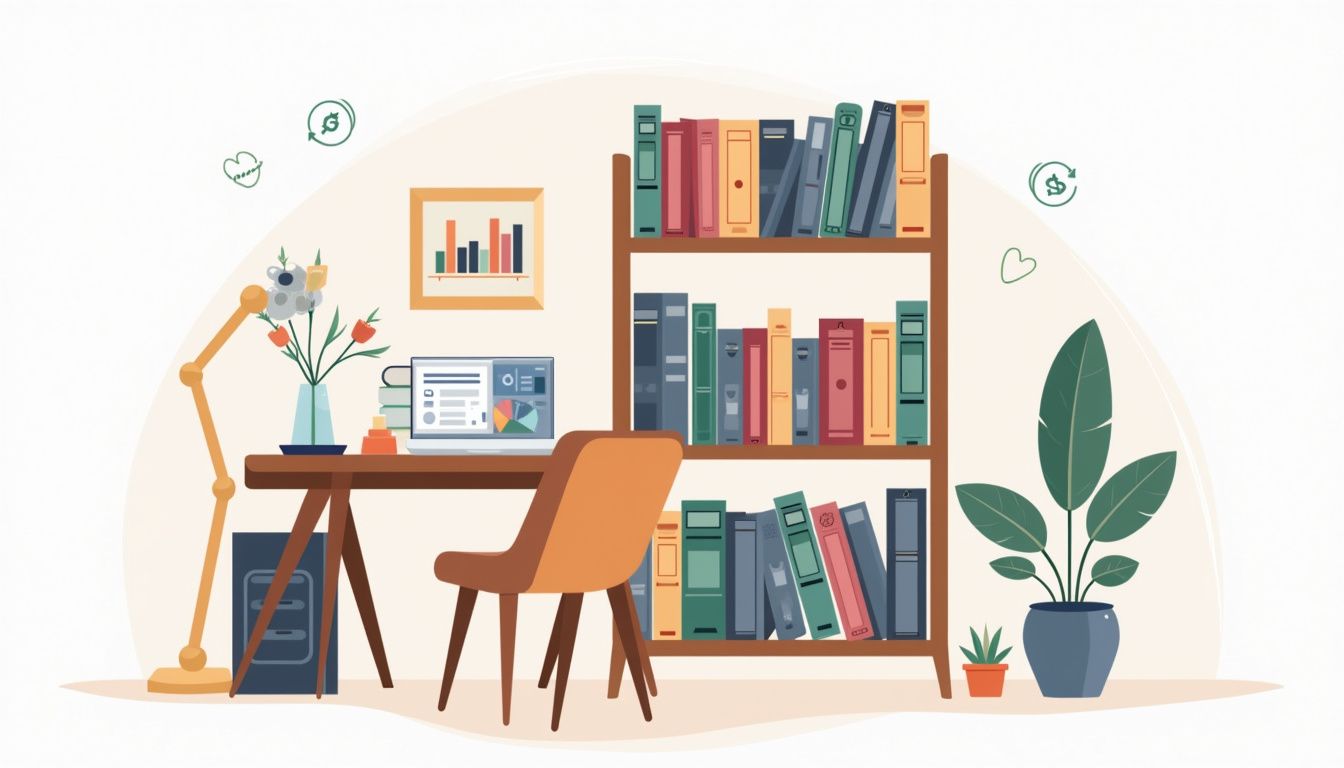 Vector illustration of a bookshelf with forex trading books and a reading chair.