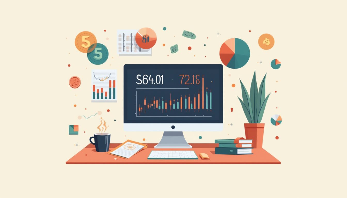 Minimalist workspace illustration featuring a computer and trading elements.