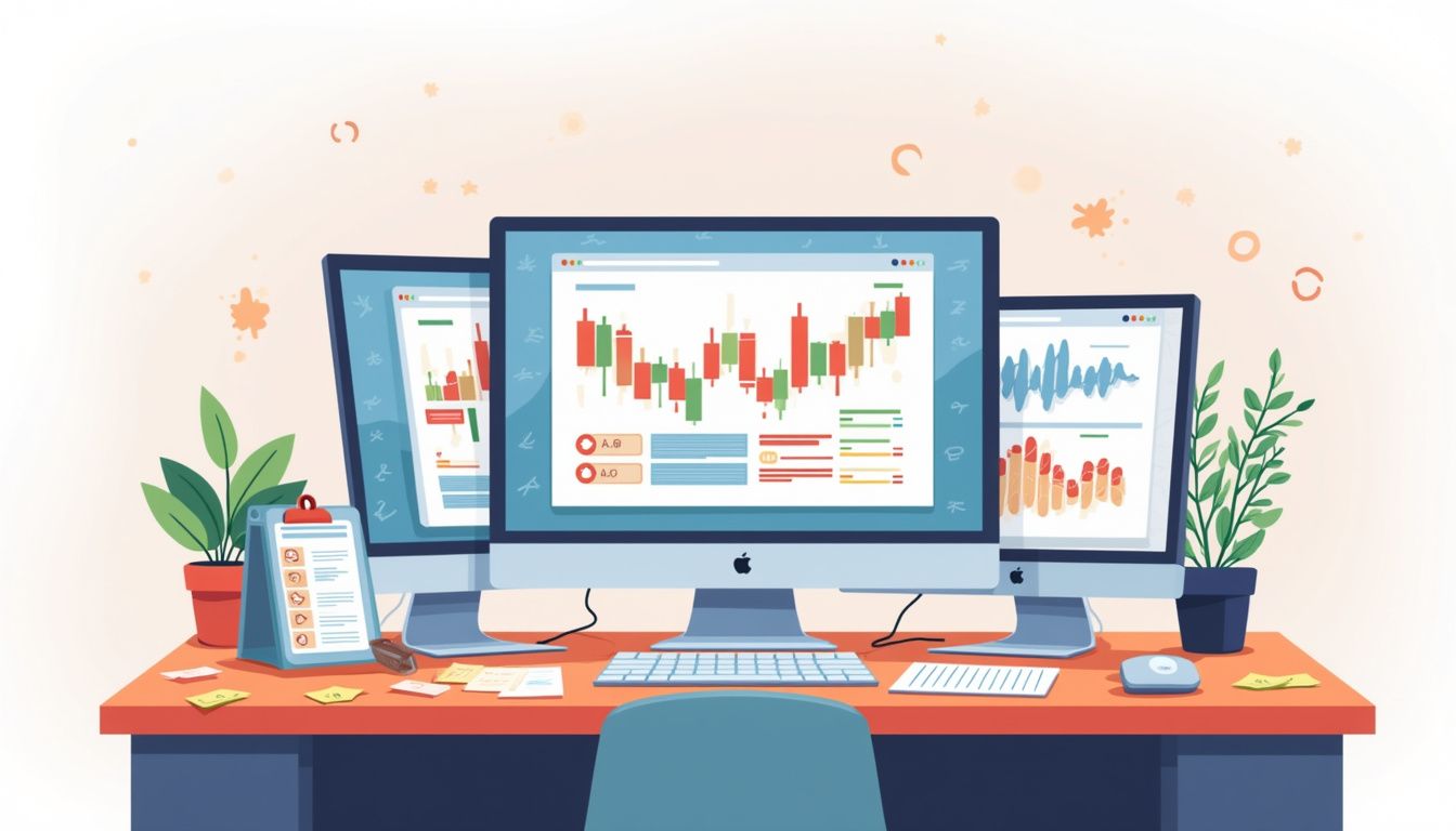 Minimalist flat illustration of a busy trading desk with monitors.
