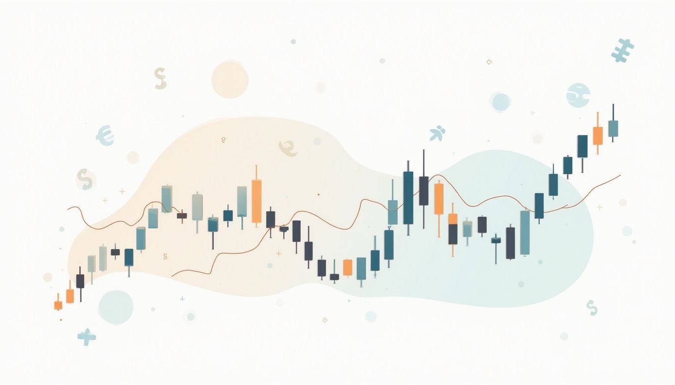 Minimalist vector illustration of Forex charts with pastel finance icons.