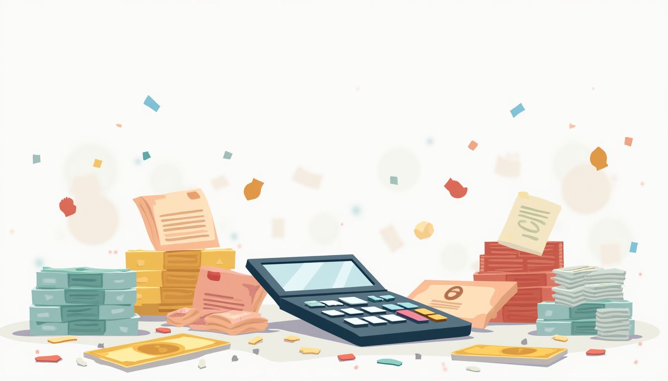 Minimalist flat vector illustration of a cluttered office desk scene.