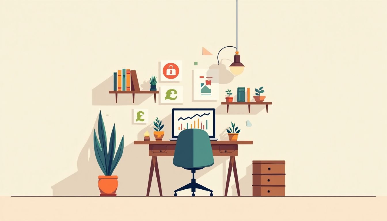 Minimalist flat vector illustration of a vintage desk with financial icons.
