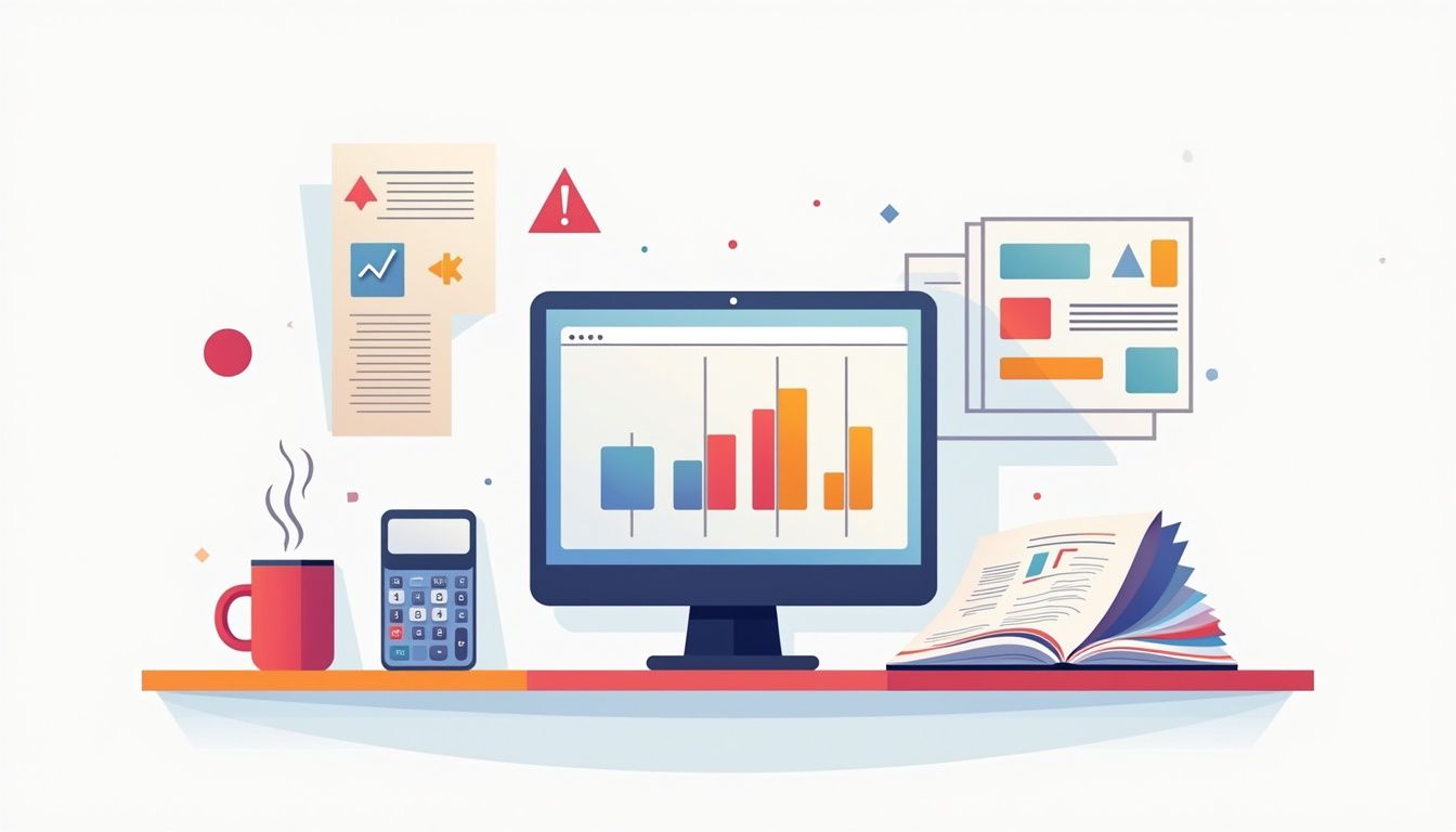 Minimalist workspace illustration featuring a tidy desk with geometric icons.