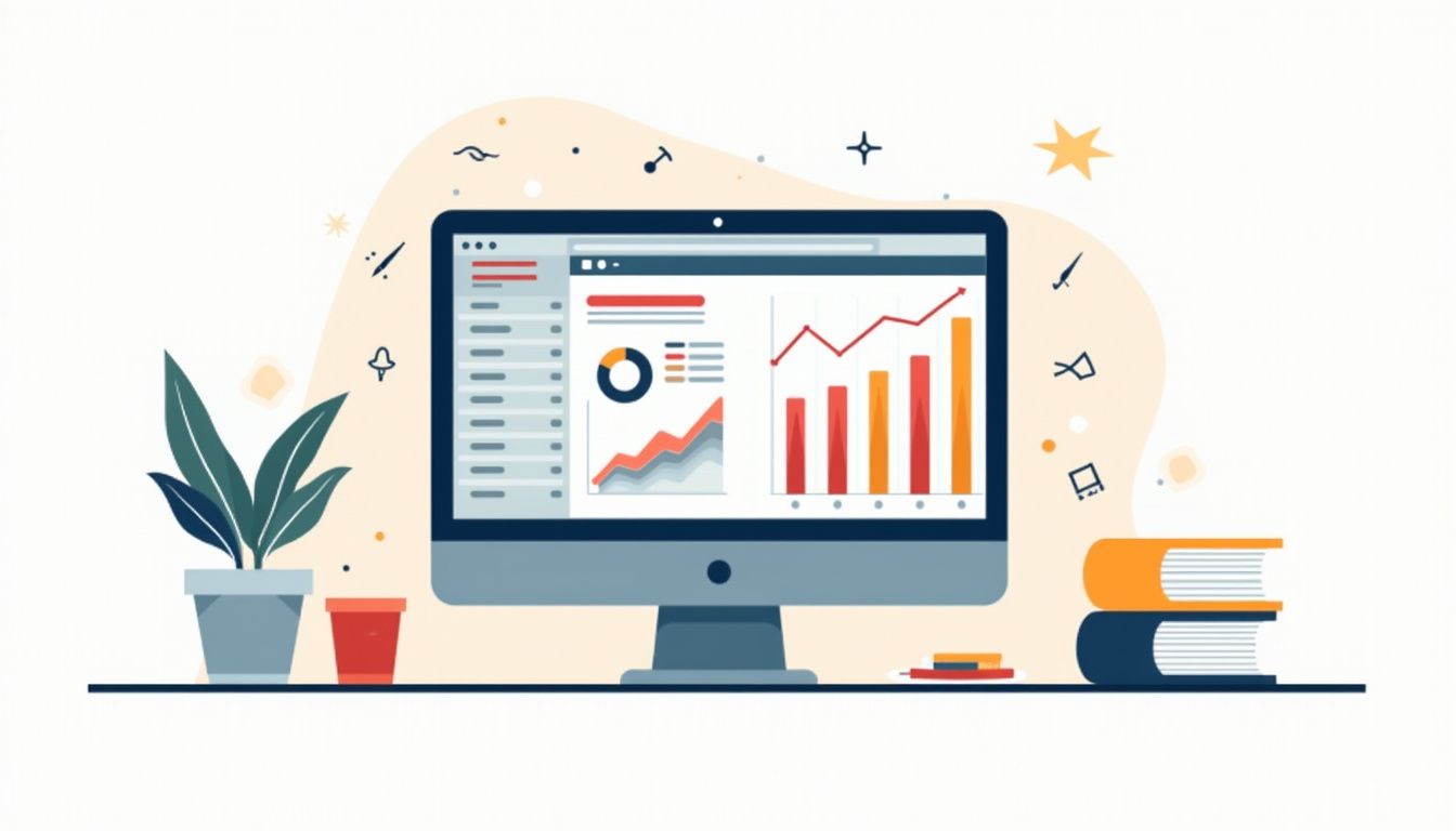 Minimalist vector illustration of a Forex Tester 5 interface on a desk.