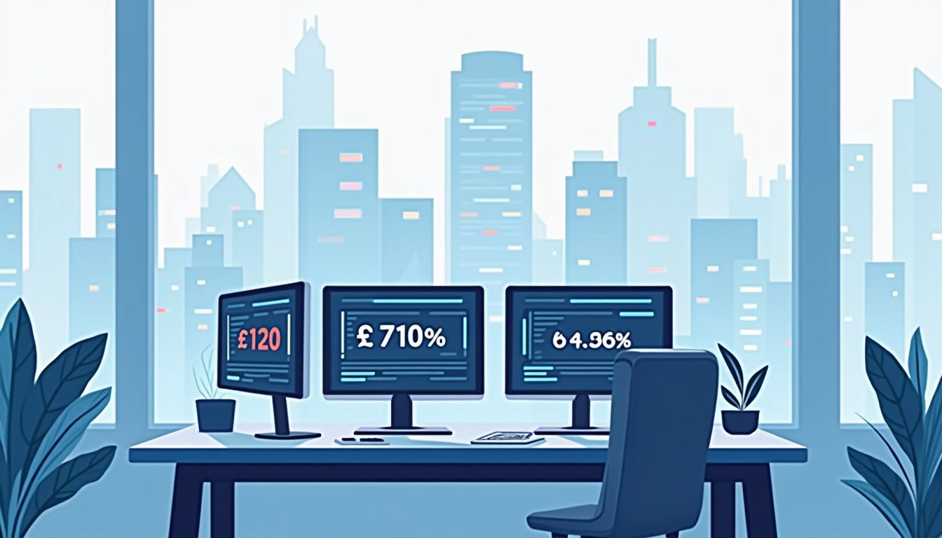 Minimalist trading desk illustration with monitors, financial reports, and city skyline.