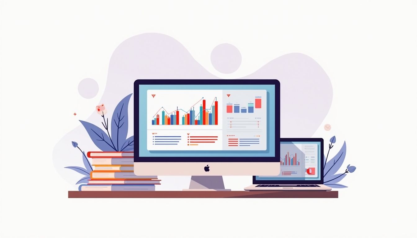 Minimalist workspace with colourful forex trading charts and technical analysis books.