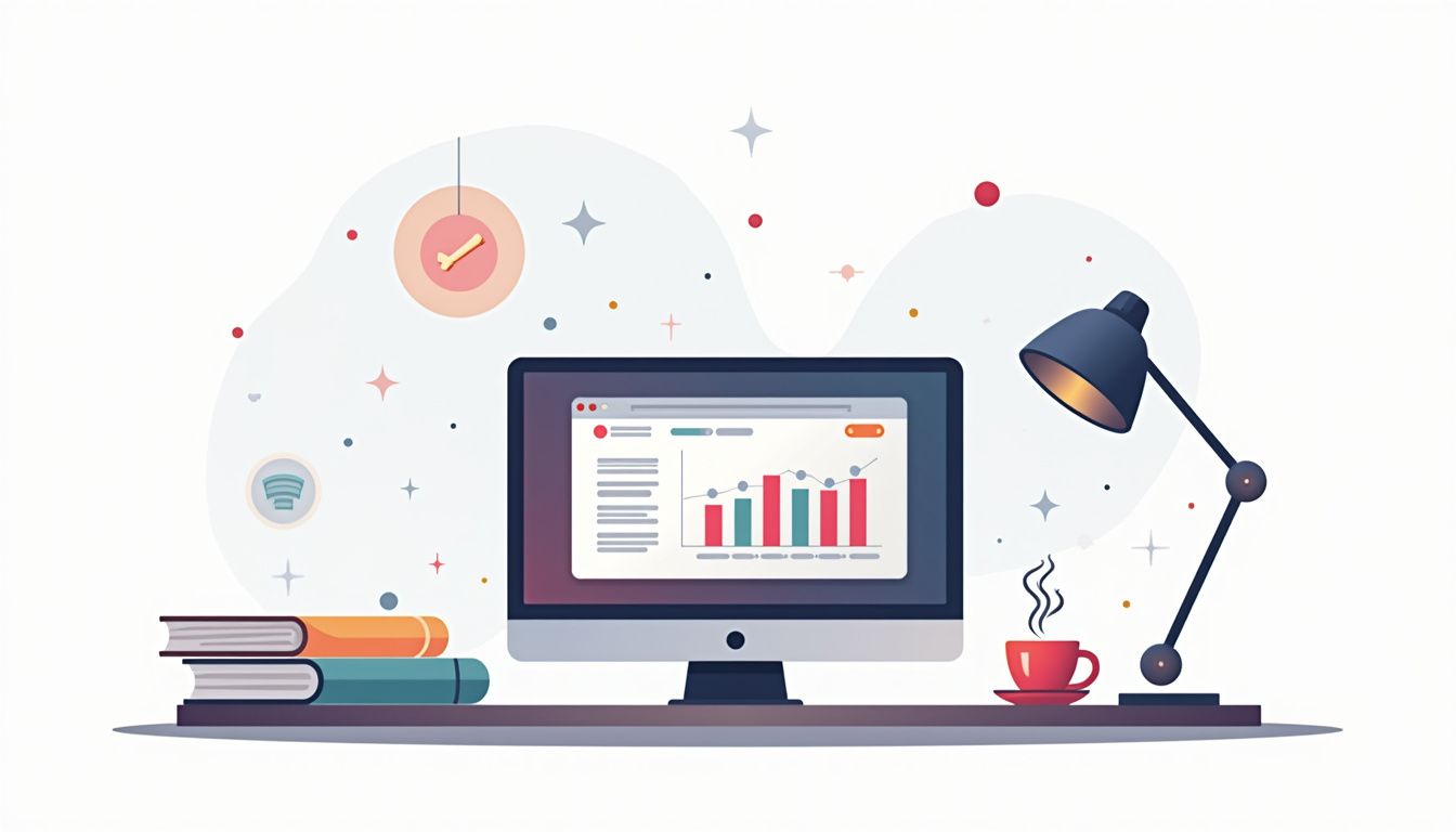 Minimalist desk setup illustration featuring a PC monitor and coffee.