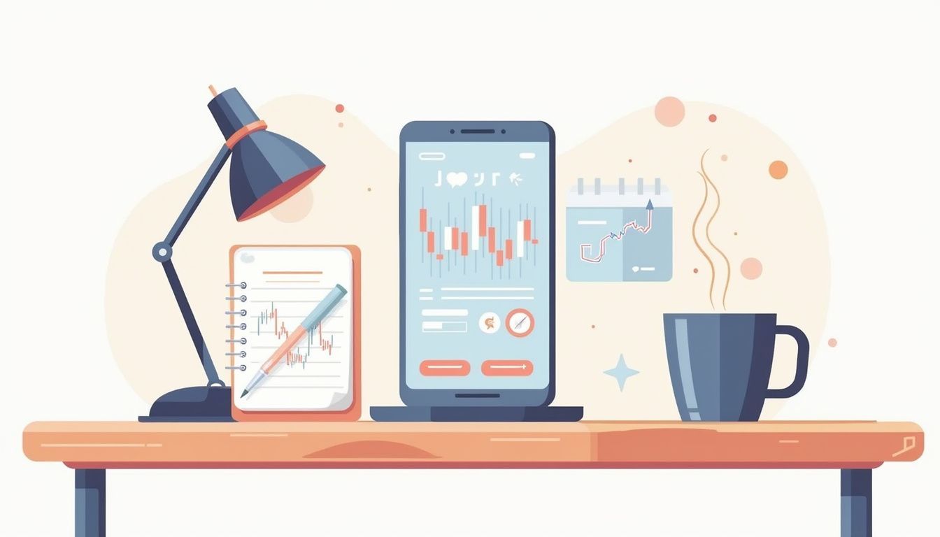 A minimalist workspace illustration featuring a smartphone, notepad, pen, and coffee.