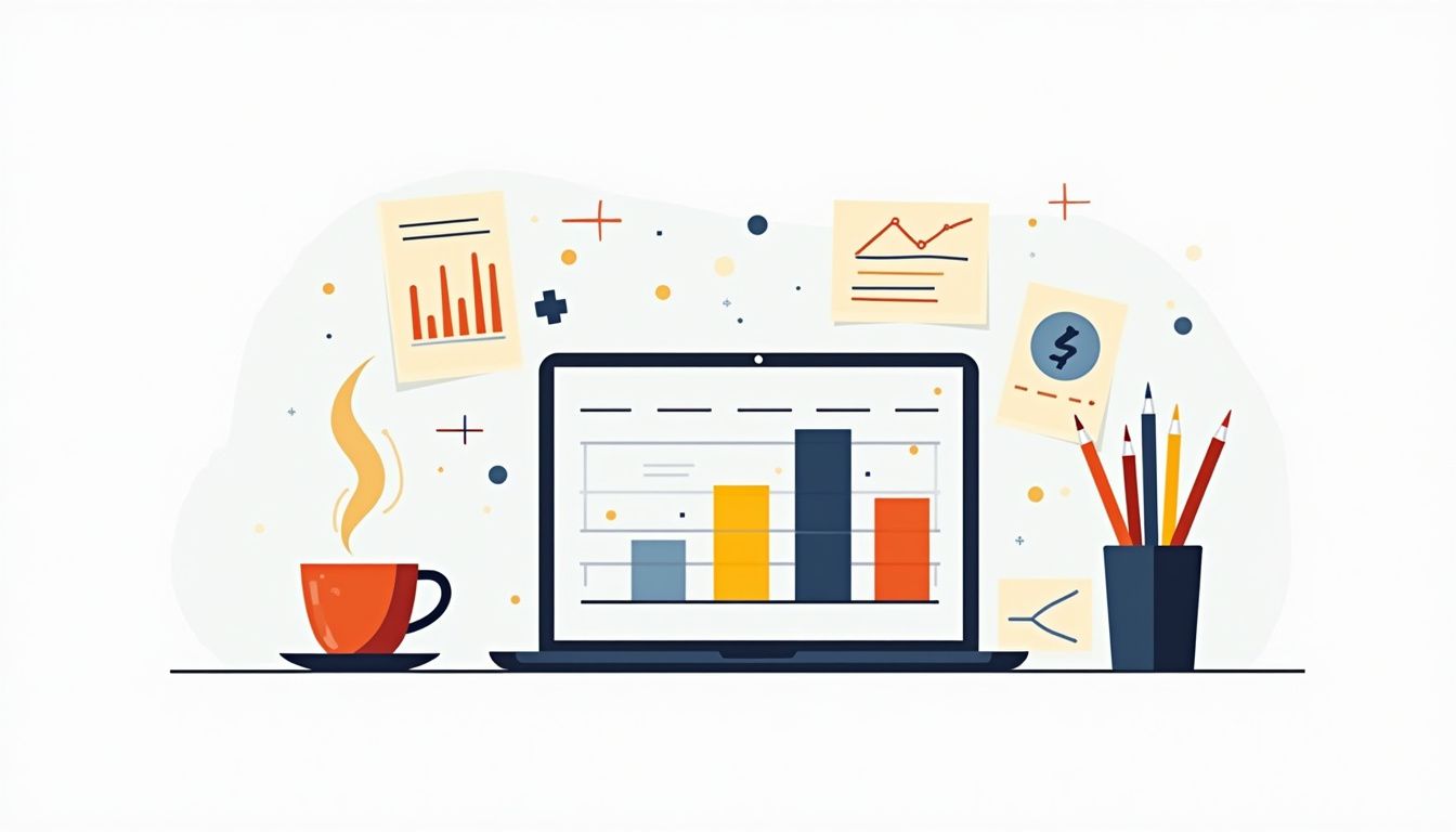 Minimalist flat illustration of a cluttered desk with financial elements. Minimalist flat illustration of a cluttered desk with financial elements.