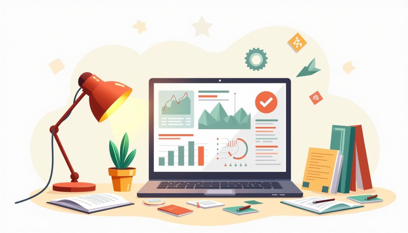 Cluttered desk illustration featuring a laptop and disordered stationery. Cluttered desk illustration featuring a laptop and disordered stationery.